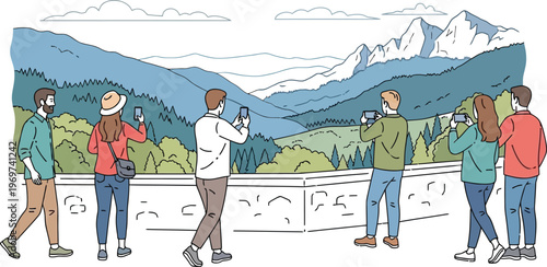 People taking photos of a scenic mountain view on a viewing platform