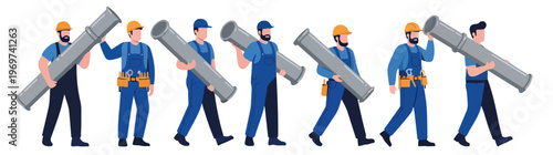 Construction workers carrying large pipes, industrial labor, and professional building crew