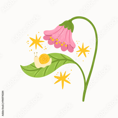 Cute pink bell flower snail vector