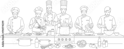 Professional chefs working together in a commercial kitchen preparing food