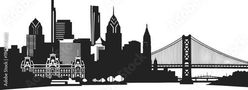 Philadelphia skyline silhouette with Delaware River and bridge outline.