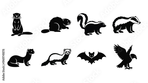 A collection of various wild animal silhouettes including mustelids rodents and birds of prey silhouette high quality professional detailed modern elegant