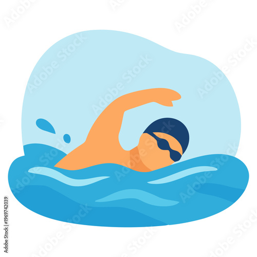 Flat vector illustration of swimmer in water performing freestyle stroke, sport and fitness concept