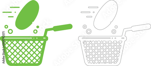 Green potato slice falling into fryer basket dropping