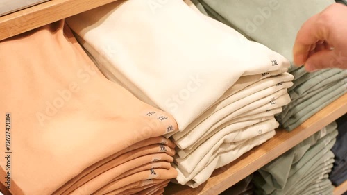 Hand chooses clothes on shelves in the store close-up, top view.