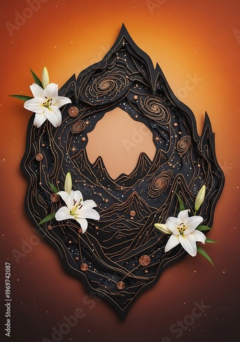 Celestial Mountainscape Portal with Floral Accents and Mystic Design