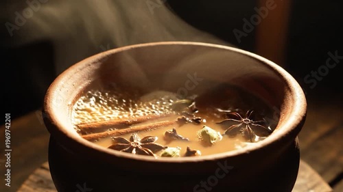 Steaming Hot Chai Tea with Aromatic Spices in a Traditional Clay Pot.