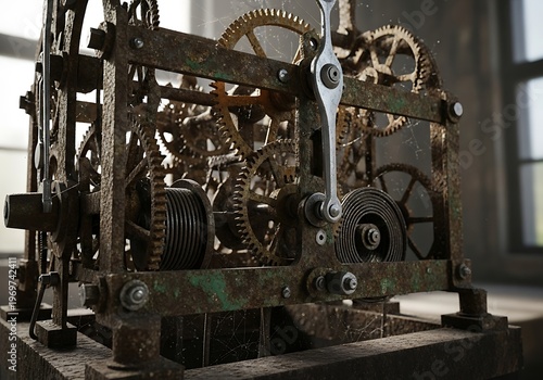 Close-up of an antique, complex mechanism of a metallic tower clock