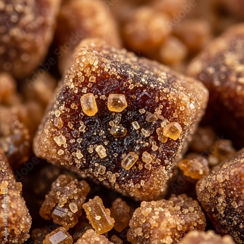 Close-up of brown sugar cubes with crystalline texture, sweet indulgence