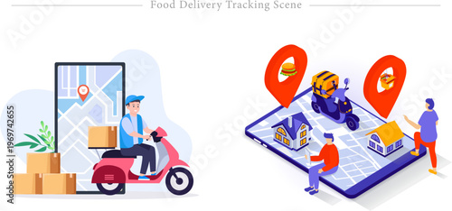 Food Delivery Tracking Scene Isometric Flat Vector GPS Navigation Real Time Order Illustration