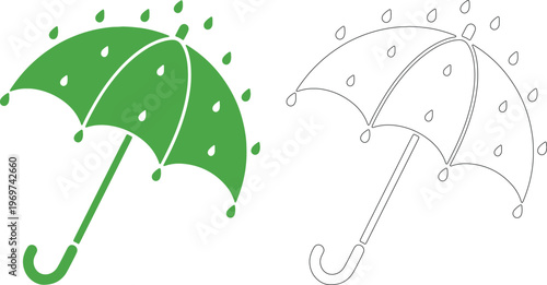 Green umbrella with raindrops and outline black