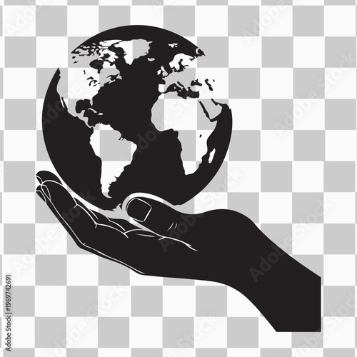 A human hand carefully holding a blue glass globe represents a global business concept and environmental protection for our green planet