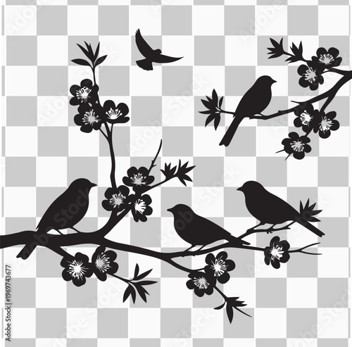 Spring nature pattern featuring floral design elements with birds and butterflies, creating an elegant vector illustration frame for wallpaper or card decoration