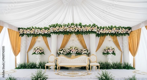 Elaborate wedding stage adorned with floral arrangements and drapery