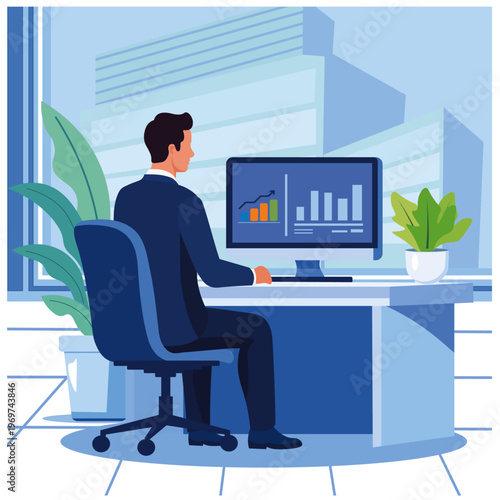 Business Analyst Working with Data Dashboard in Modern Office