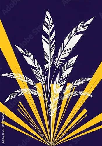 Elegant feather arrangement with radiant light beams in modern style