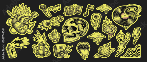 Punk rock music doodle grafitti. Collage halftone tattoo, crayon punk rock retro element. Pop music collage cutout sticker, halftone art set. Grunge y2k hand drawn grafitti. Heart, fire, eye, skull dj