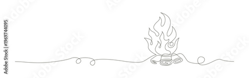 Fire crumpled single line art depicts a bonfire with blazing flames and smoldering wood