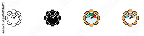 Performance dashboard gauge inside gear icon set. Optimization, efficiency, and speed control symbols for business progress. Vector Illustration.