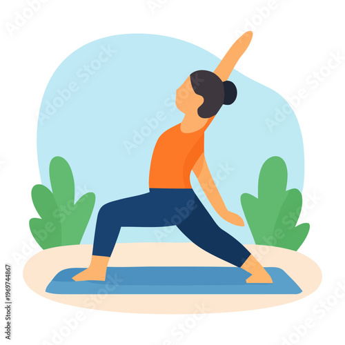 Flat vector illustration of woman practicing yoga lunge pose outdoors, wellness and mindfulness concept