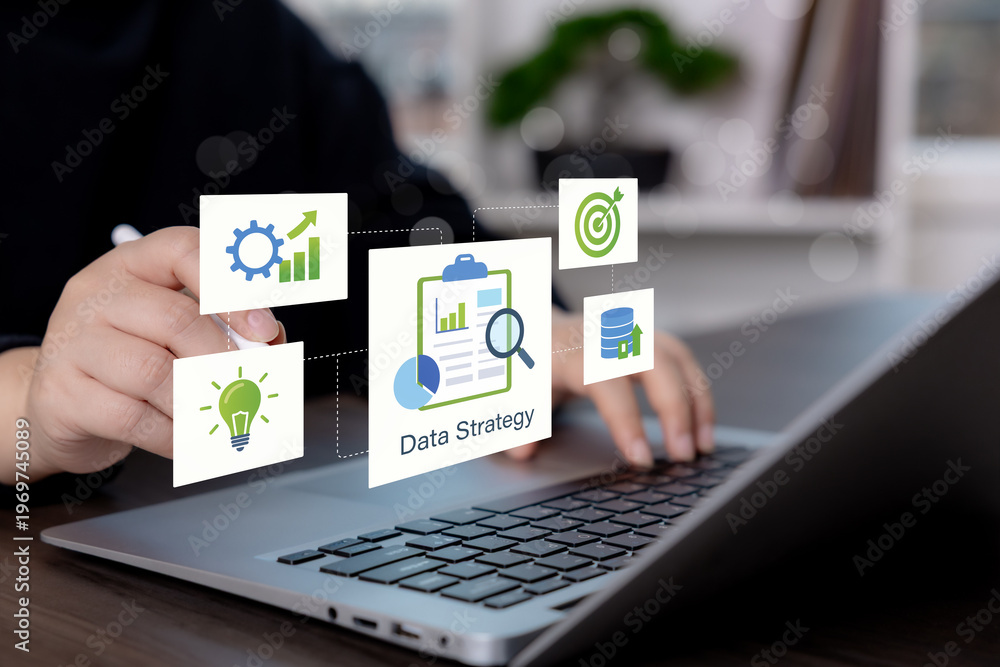 Fototapeta premium Business interface showing data strategy, analytics, target setting, innovation, and growth metrics, representing strategic planning, insight generation, and data driven decision making.