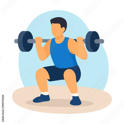 Flat vector illustration of man doing barbell squat exercise, strength training and fitness concept