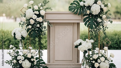 Elevated neutral podium adorned with floral arrangements and greenery