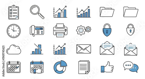 Collection of document icons representing various file management operations like saving, downloading, security, and analysis