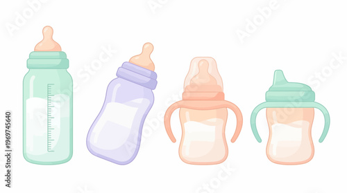 Collection of various colorful baby bottles and sippy cups with handles and measurement scales on white background, concept for infant nutrition, childcare products and parental education