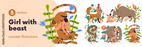 Woman and animal in wild nature set, psychology shadow concept. Love and friendship between human and wildlife. Girl taming inner beast. Flat graphic vector illustrations isolated on white background