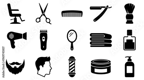 Barbershop equipment and male grooming tools silhouette icon set with hair styling accessories on white background, concept for salon manager, professional barber and business branding