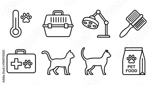Veterinary pet care line icon set with carrier, medical kit, cats and grooming tools on white background, concept for clinic branding, animal shop marketing and pet healthcare app design