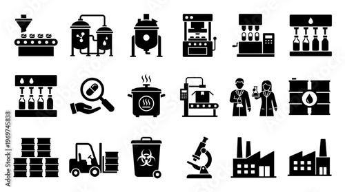 Professional pharmaceutical manufacturing icons set showing medicine production line and laboratory research experts, concept for industrial pharmacology, biotech engineering and medical logistics