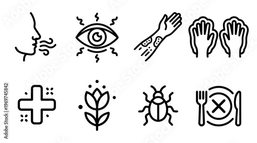 medical line icon set representing common allergy symptoms and triggers like sneezing and skin rash, concept for healthcare educational material, diagnostic interface and pharma branding