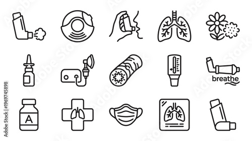 Collection of asthma medical line icons featuring inhalers, human lungs, nebulizer and allergy triggers, concept for healthcare application, respiratory disease education and medical marketing