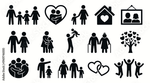 Collection of black family icons including parents, elderly couples, children and home symbols, concept for human resource employee benefits, life insurance and corporate social welfare