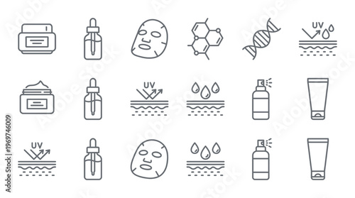 Minimalist skincare and dermatology line icons set featuring serum bottle, cream jar and facial mask on white, concept for cosmetic branding, professional beauty care and medical research