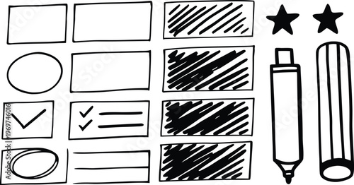 Hand drawn icons and shapes boxes stars checkmarks and cylindrical forms