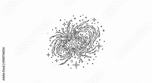 Stylized black and white line drawing of a swirling nebula with scattered stars