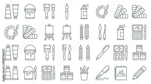 Modern collection of art supplies line icons including paint tubes, brushes, palettes and easels on white background, concept for creative workshop, art education and graphic design studio