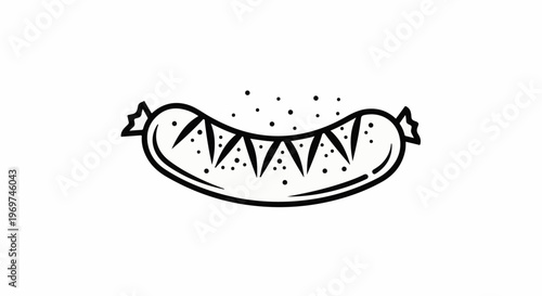 Stylized black and white line drawing of a sausage with decorative elements