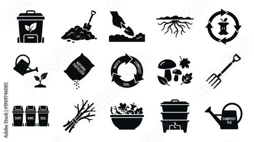 Collection of black composting silhouette icons featuring recycling bins, gardening tools, natural fertilizer and organic waste, concept for sustainability, gardening and eco management