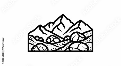 Stylized black and white mountain range with rocks and pebbles