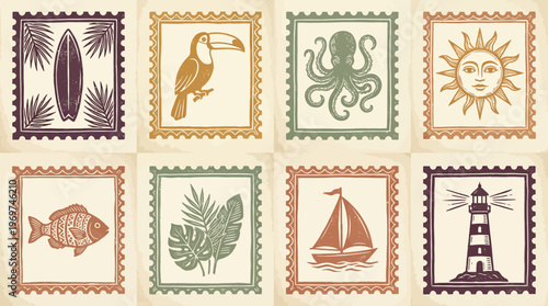 Vintage hand drawn postage stamps set featuring tropical icons like surfboard toucan octopus and lighthouse, concept for travel scrapbooking, summer stationery and ocean brand identity