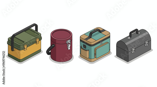 Collection of various isometric lunch boxes, cooler bags and insulated containers isolated on white background, concept for picnic preparation, meal planning and outdoor catering