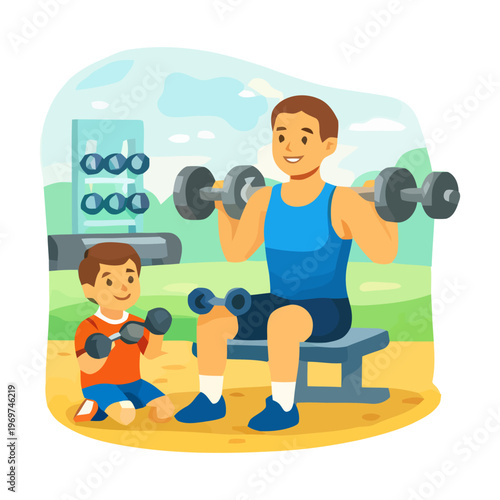 Flat vector illustration of father and son exercising with dumbbells outdoors, family fitness and healthy lifestyle concept