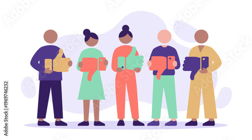 Professional marketing managers holding giant thumbs up and thumbs down icons on abstract background, concept for customer feedback, brand reputation and social media sentiment