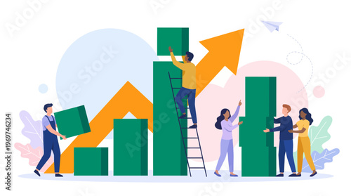 Diverse project managers and analysts collaborating to build green rising bar chart with blocks and orange arrow, concept for business growth, corporate performance and team collaboration