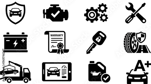 Collection of black automotive service and vehicle maintenance icons isolated on white background, concept for automotive marketing materials, vehicle insurance flyers and car repair web design
