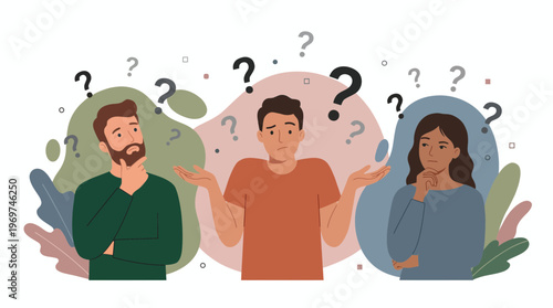 Confused business project manager, data analyst and director shrugging with many question marks around, concept for professional problem solving, strategic decision making and group brainstorming
